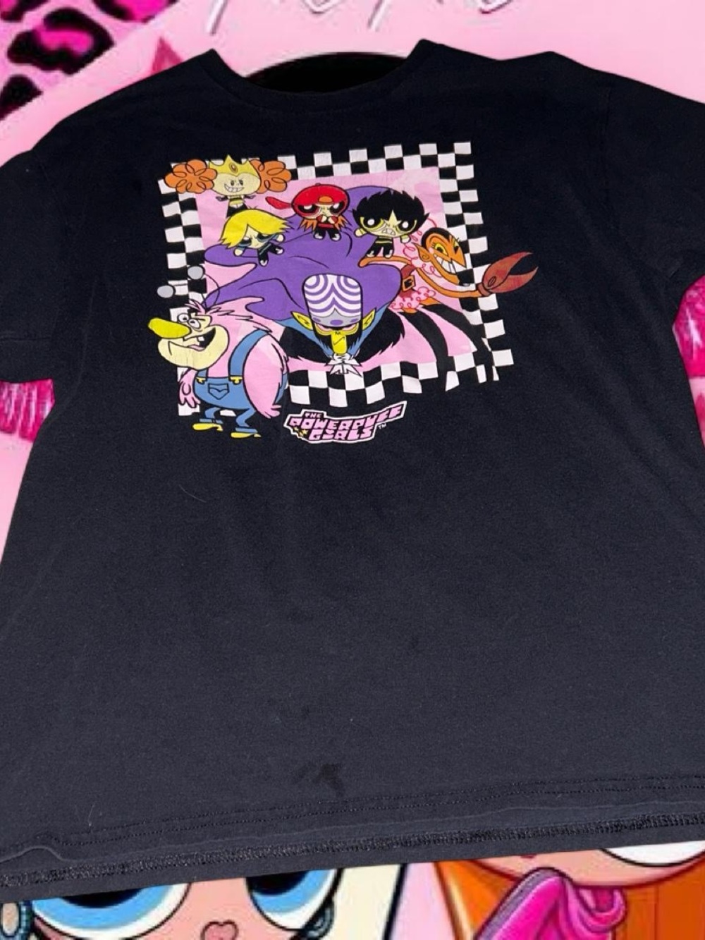Cartoon Network Black Powerpuff Girls Graphic Tee with Pink and Purple Accents